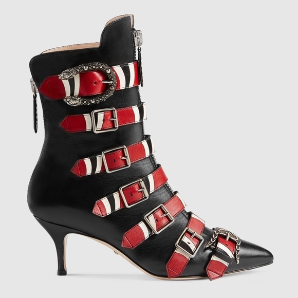 Gucci Black Red Leather Susan KingSnake Dionysus 65mm Ankle Boots EU 37.5 - Picture 1 of 16